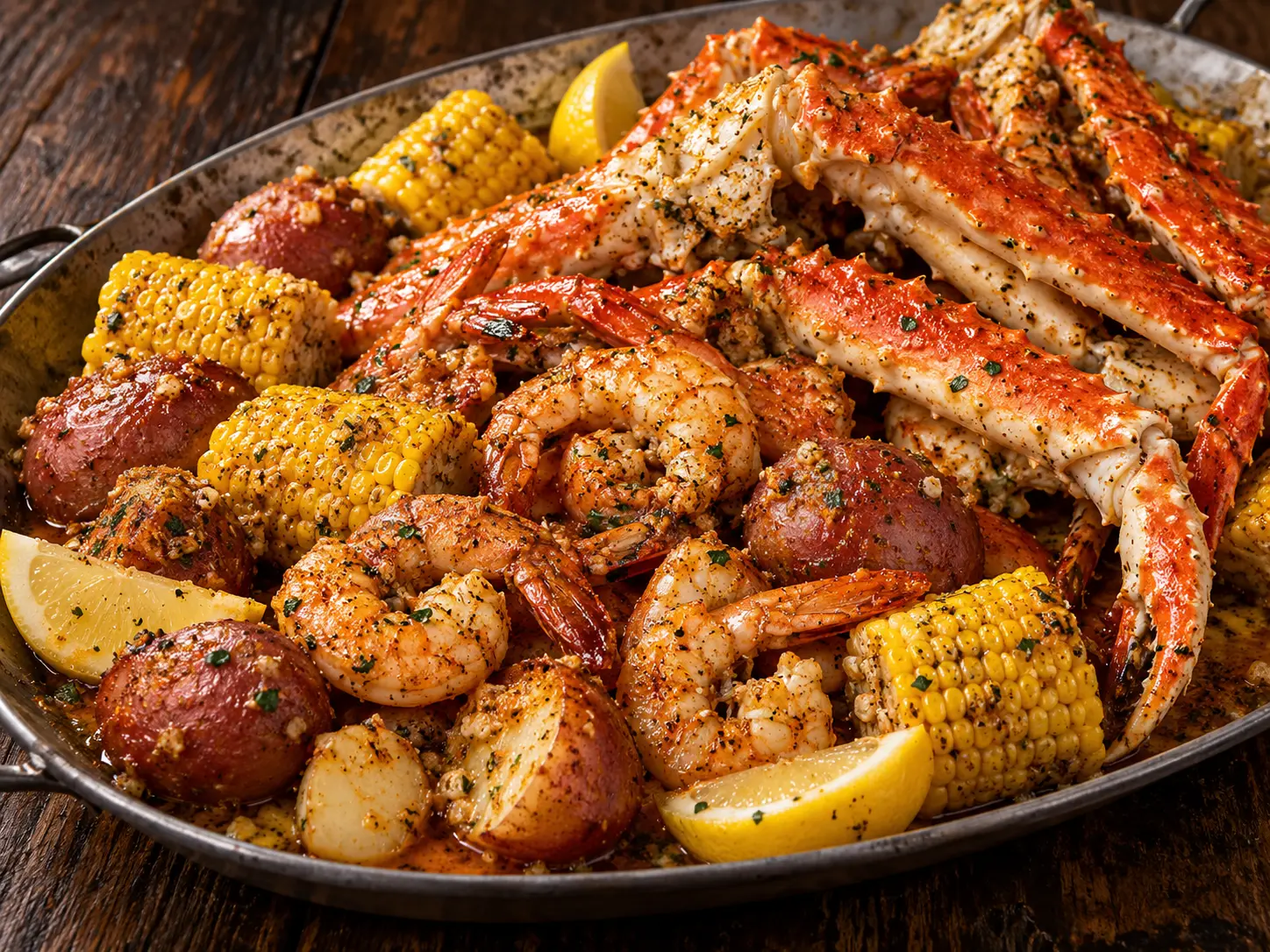 Illustrative seafood boil with shrimp, crab legs, corn, potatoes, and lemon